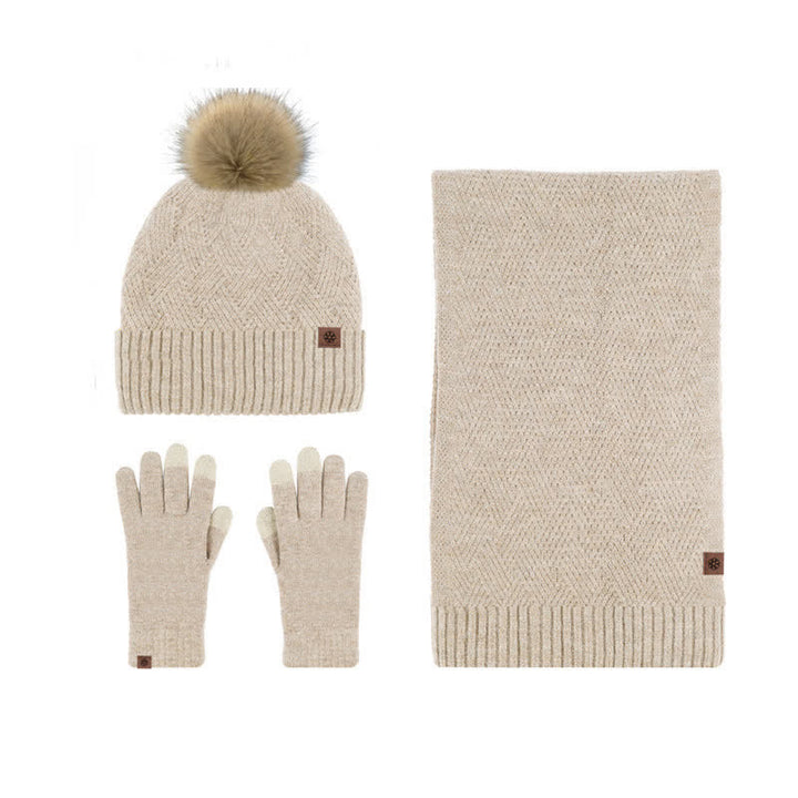 Set 3 pezzi da donna pompon cappello sciarpa guanti touchscreen set