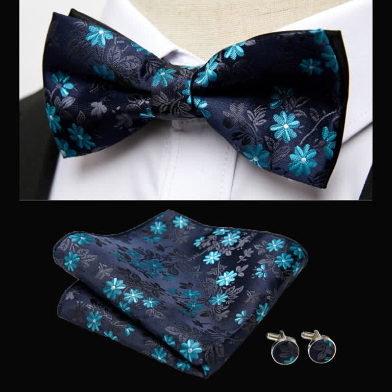 Set di 3 fazzoletti da taschino con papillon floreale verde acqua e nero da uomo