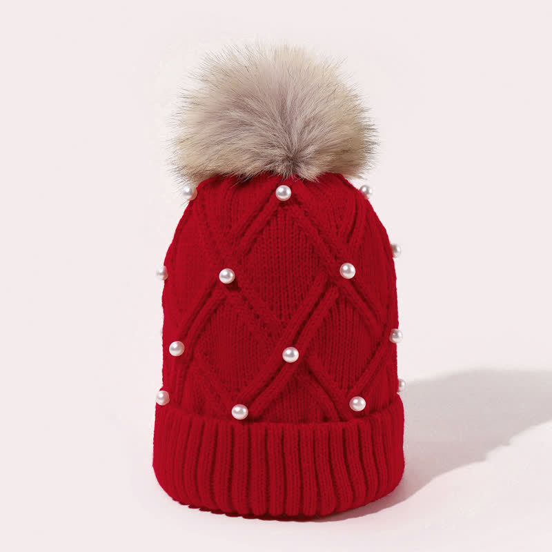 Cappello lavorato a maglia elasticizzata con pompon e perle carine da donna