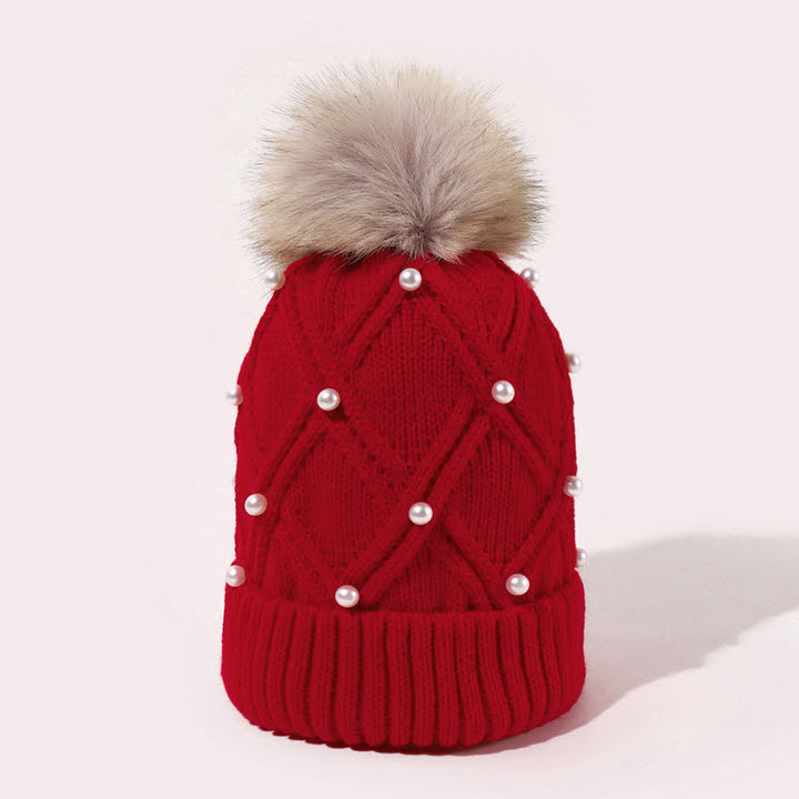 Cappello lavorato a maglia elasticizzata con pompon e perle carine da donna
