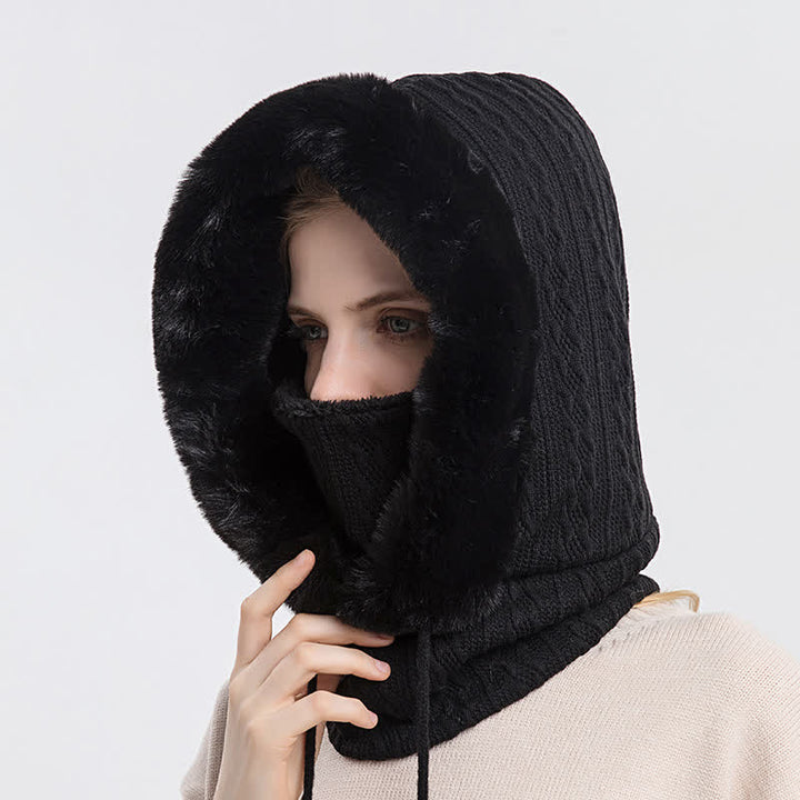 Cappello lavorato a maglia con cappuccio e maschera per il viso color caramella da donna