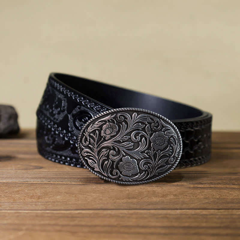 Cintura in pelle con fibbia ovale floreale classica fai da te da uomo