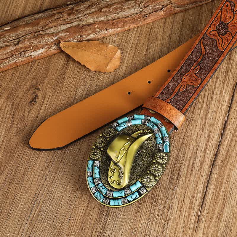 Cappello da cowboy da uomo in oro con cintura in pelle decorata con turchese