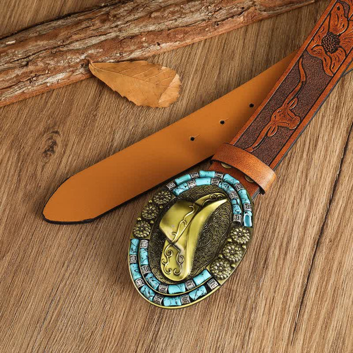 Cappello da cowboy da uomo in oro con cintura in pelle decorata con turchese