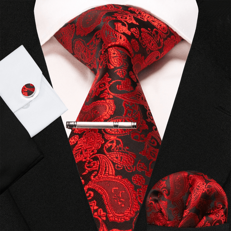 Set di 4 cravatte da uomo glamour Paisley rosse e nere