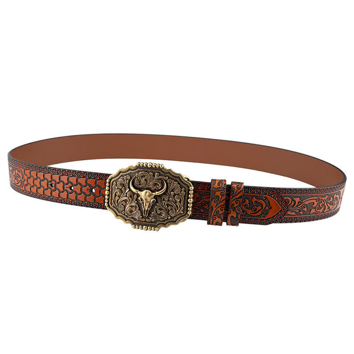 Cintura classica in pelle con teschio di toro floreale da uomo