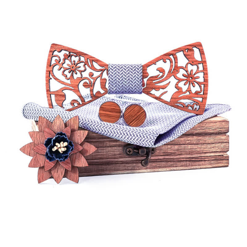 Set di 4 papillon in legno con motivo floreale cavo da uomo