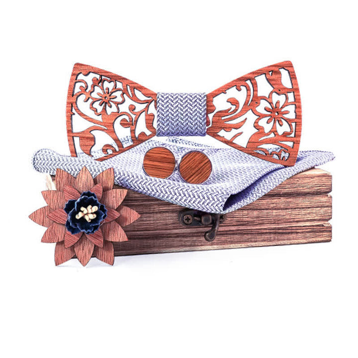 Set di 4 papillon in legno con motivo floreale cavo da uomo