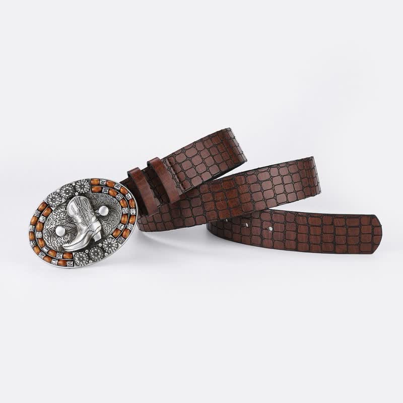 Cintura in pelle con perline di legno da uomo con stivali da cowboy