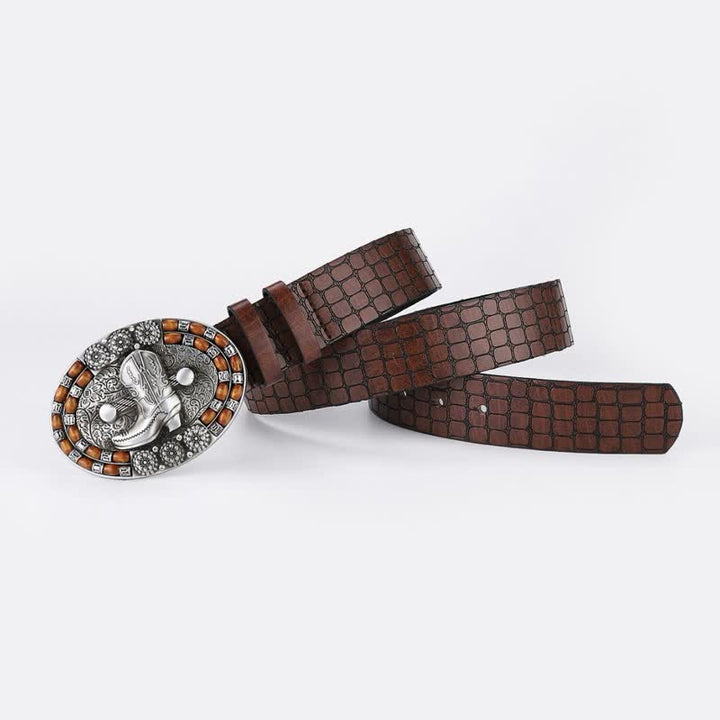 Cintura in pelle con perline di legno da uomo con stivali da cowboy