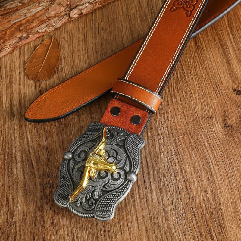 Cintura da uomo in pelle di toro Longhorn dorata quadrata