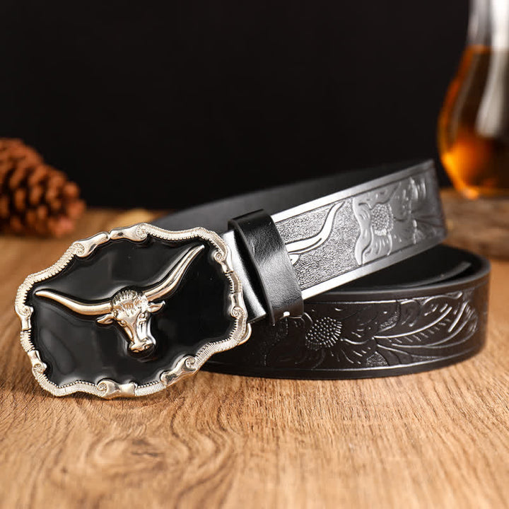 Cintura da uomo in pelle con testa di toro Longhorn Western nera