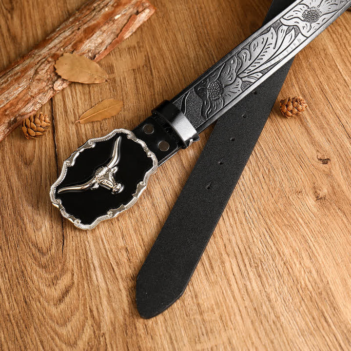 Cintura da uomo in pelle con testa di toro Longhorn Western nera