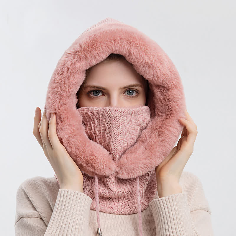 Cappello lavorato a maglia con cappuccio e maschera per il viso color caramella da donna