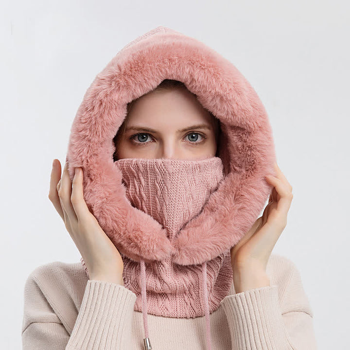 Cappello lavorato a maglia con cappuccio e maschera per il viso color caramella da donna