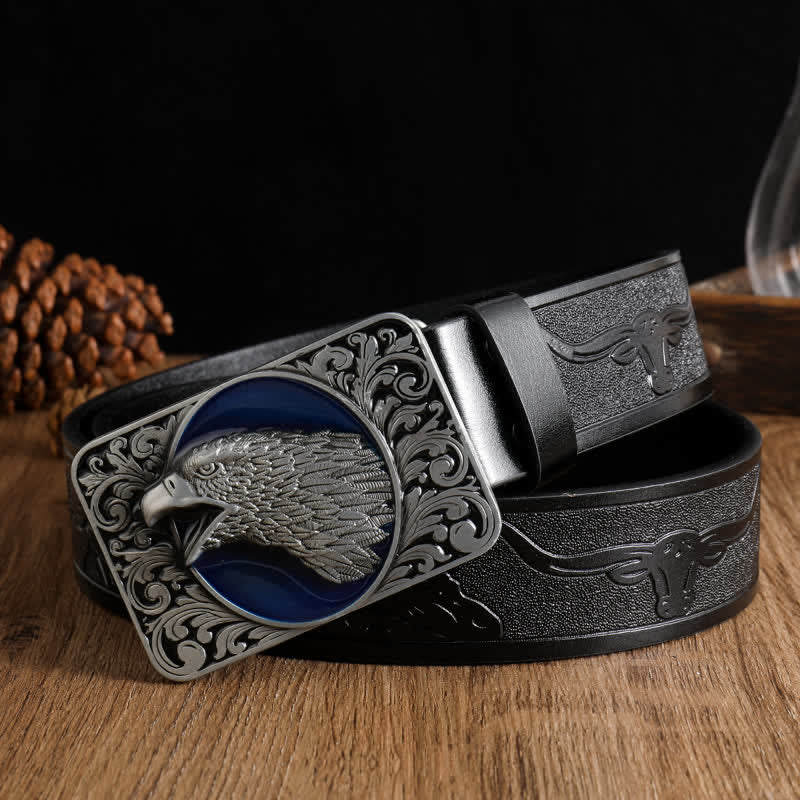 Cintura da uomo in pelle western con testa d'aquila calva rettangolare