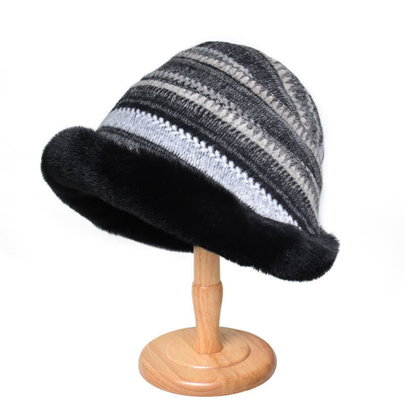 Cappello da pescatore a righe con tesa calda in peluche da donna