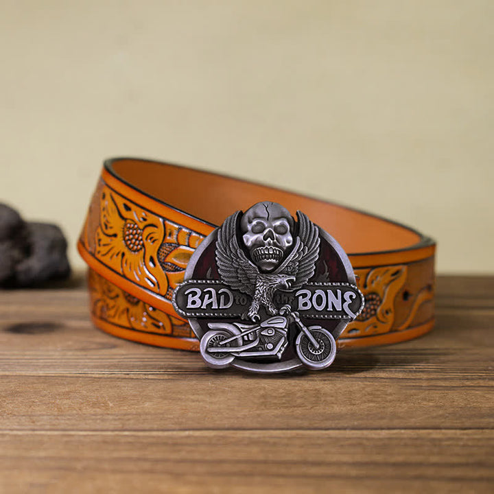 Cintura in pelle con fibbia Bad To The Bone da motociclista con teschio d'aquila fai da te da uomo