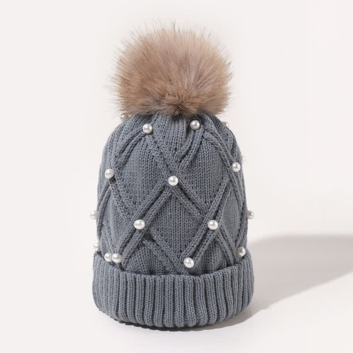 Cappello lavorato a maglia elasticizzata con pompon e perle carine da donna