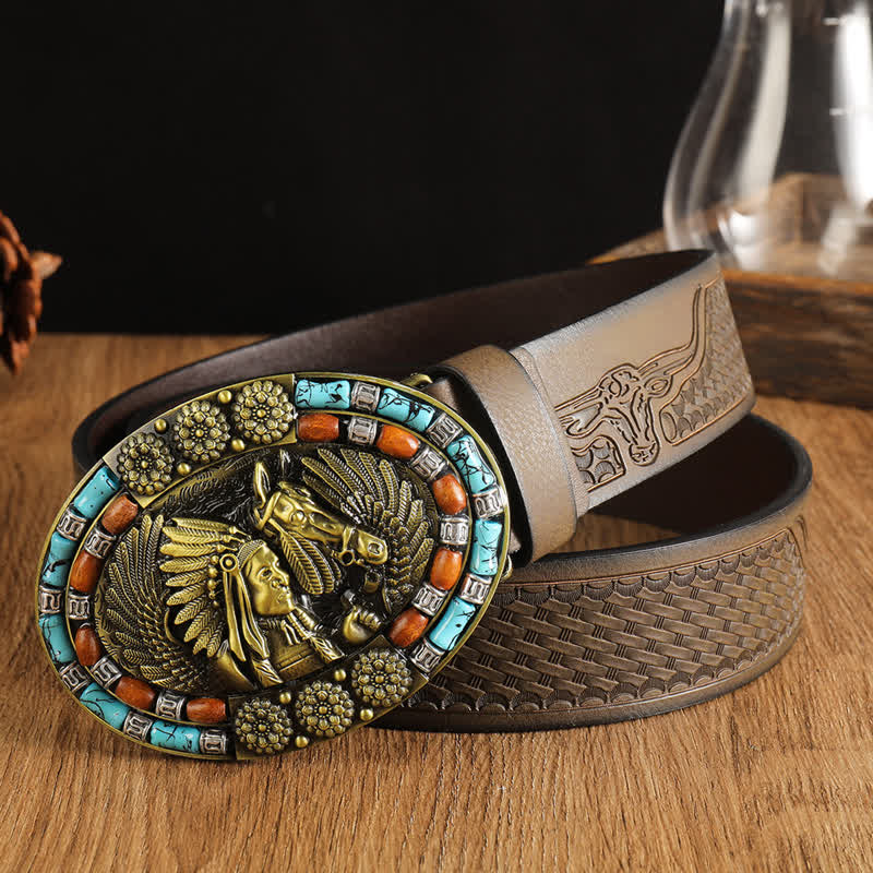 Cintura in pelle turchese con motivo boho indiano da uomo