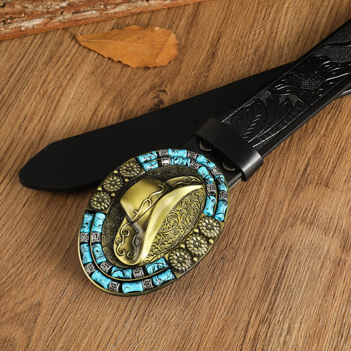 Cappello da cowboy da uomo in oro con cintura in pelle decorata con turchese