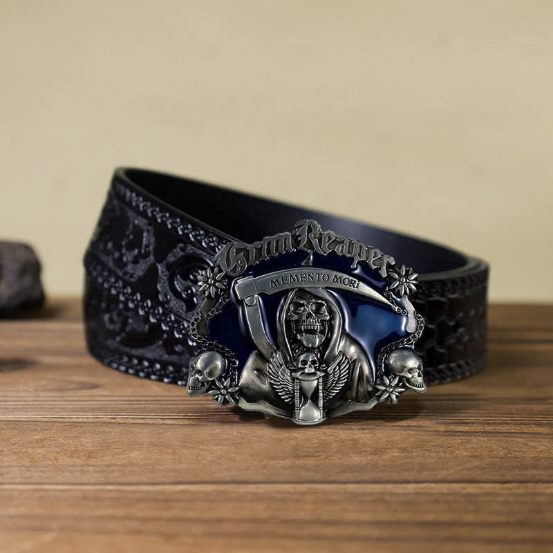 Cintura in pelle fai da te con fibbia a forma di teschio con falce della morte da uomo
