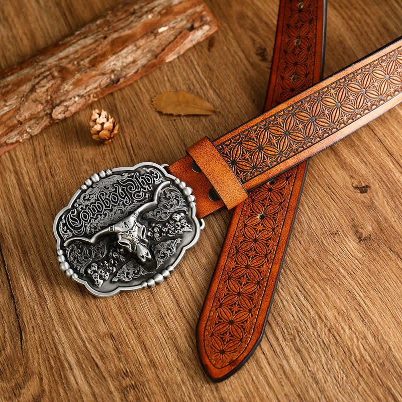 Cintura da uomo in pelle di toro con teschio gotico da cowboy
