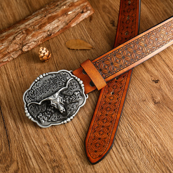Cintura da uomo in pelle di toro con teschio gotico da cowboy