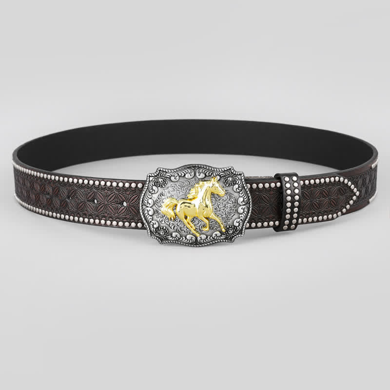Cintura da uomo in pelle con decorazione a forma di cavallo dorato