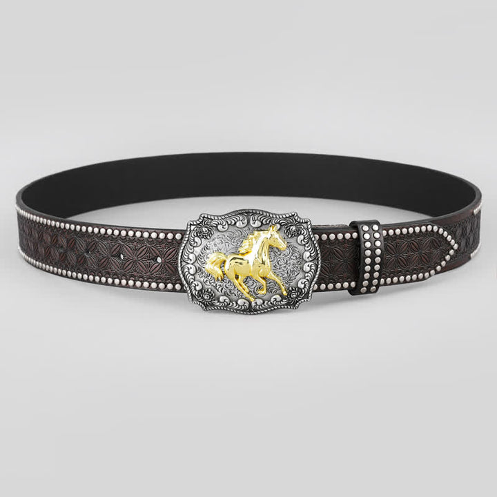 Cintura da uomo in pelle con decorazione a forma di cavallo dorato