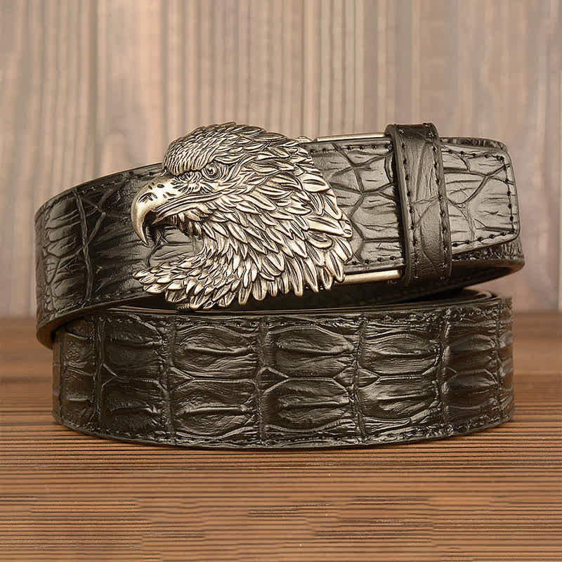 Cintura da uomo in pelle goffrata con testa d'aquila e coccodrillo