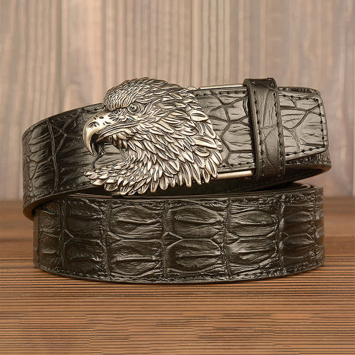 Cintura da uomo in pelle goffrata con testa d'aquila e coccodrillo