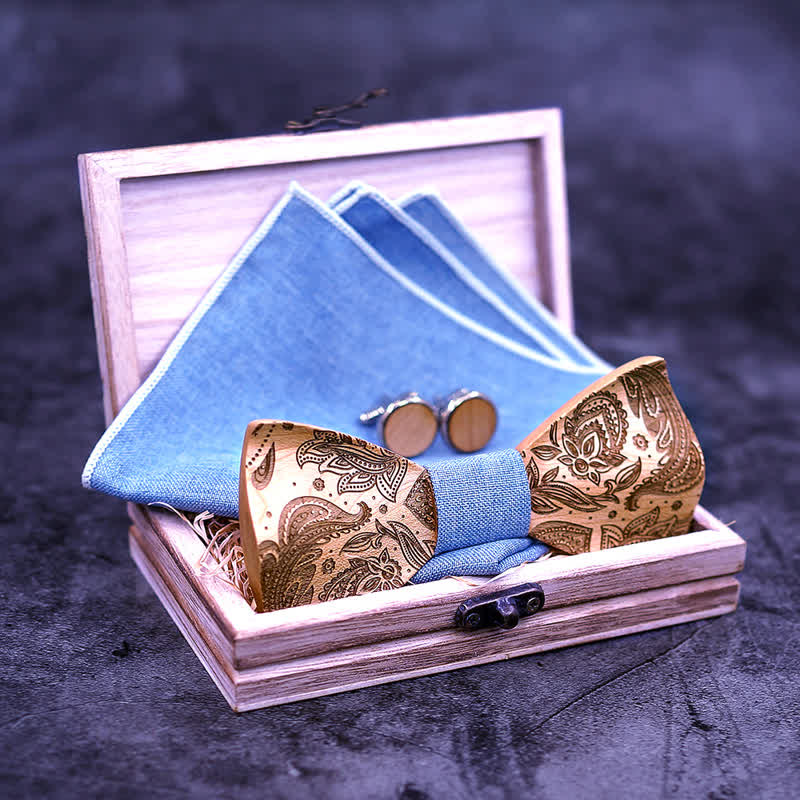 Set di 3 papillon in legno con motivo Paisley da uomo