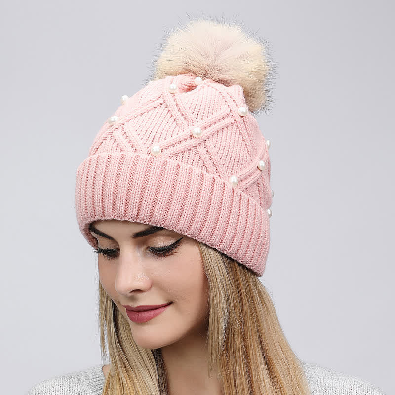 Cappello lavorato a maglia elasticizzata con pompon e perle carine da donna