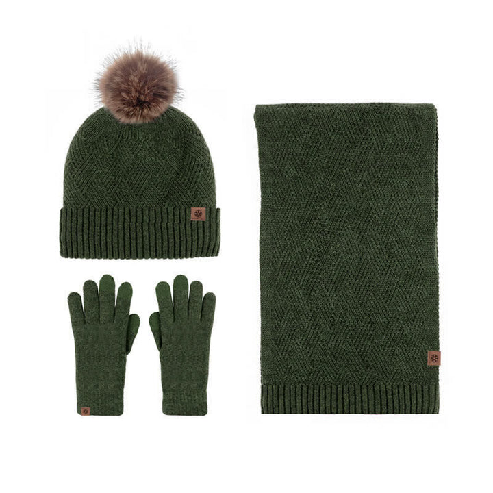 Set 3 pezzi da donna pompon cappello sciarpa guanti touchscreen set