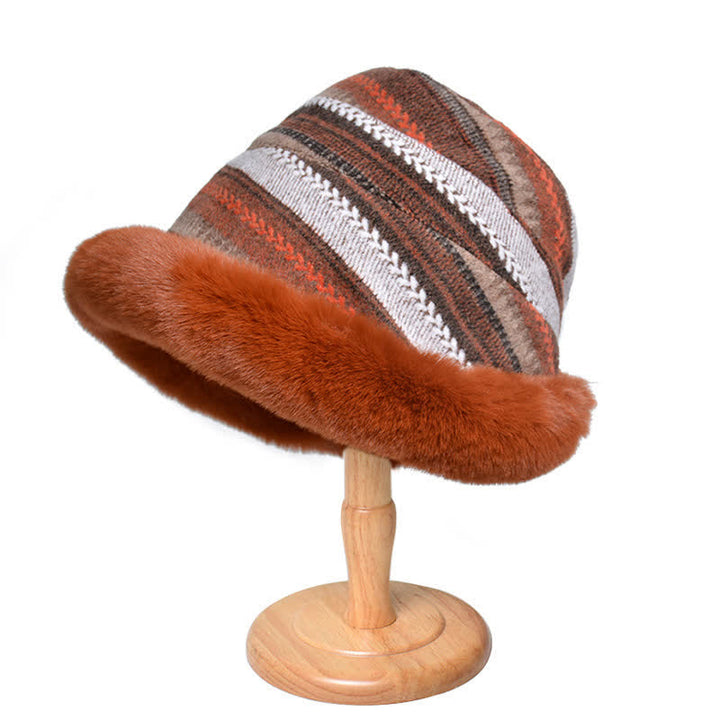 Cappello da pescatore a righe con tesa calda in peluche da donna