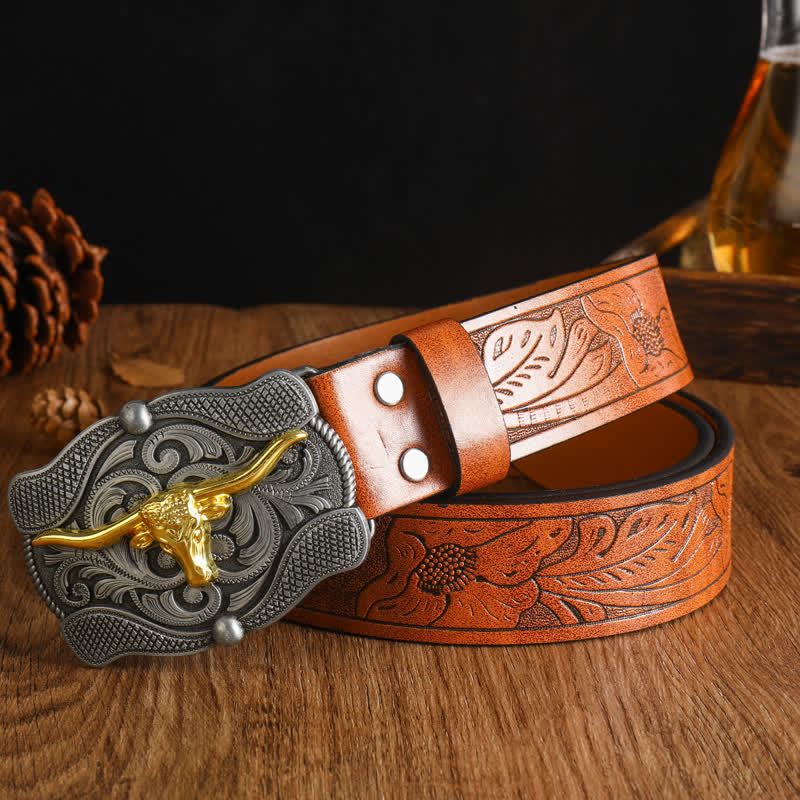 Cintura da uomo in pelle di toro Longhorn dorata quadrata