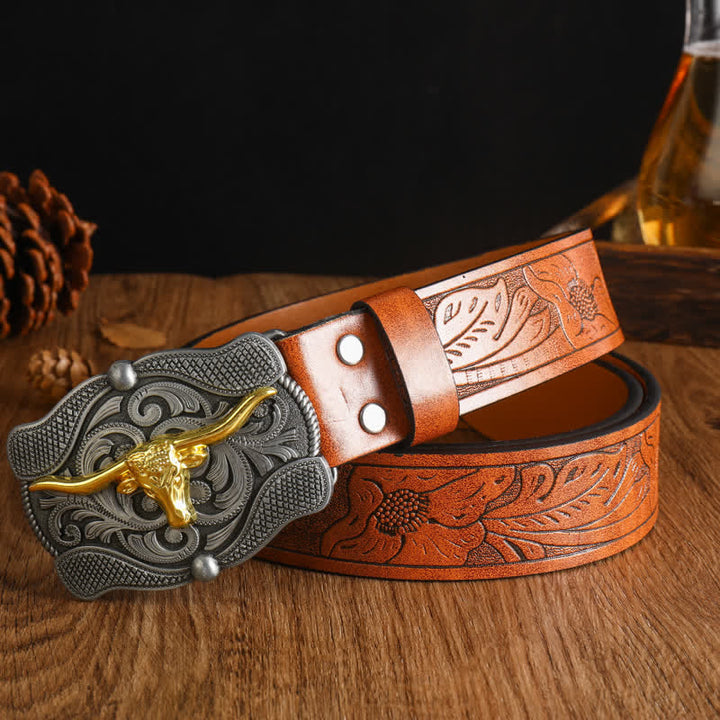 Cintura da uomo in pelle di toro Longhorn dorata quadrata
