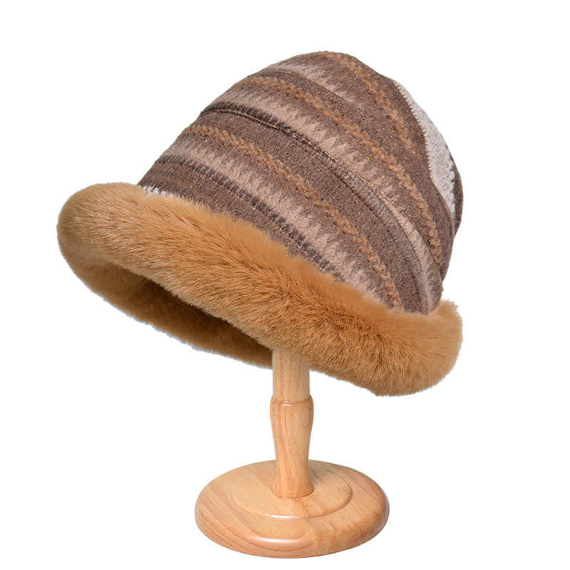 Cappello da pescatore a righe con tesa calda in peluche da donna