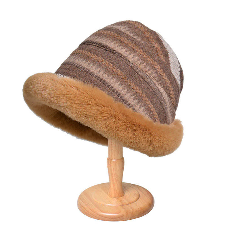Cappello da pescatore a righe con tesa calda in peluche da donna