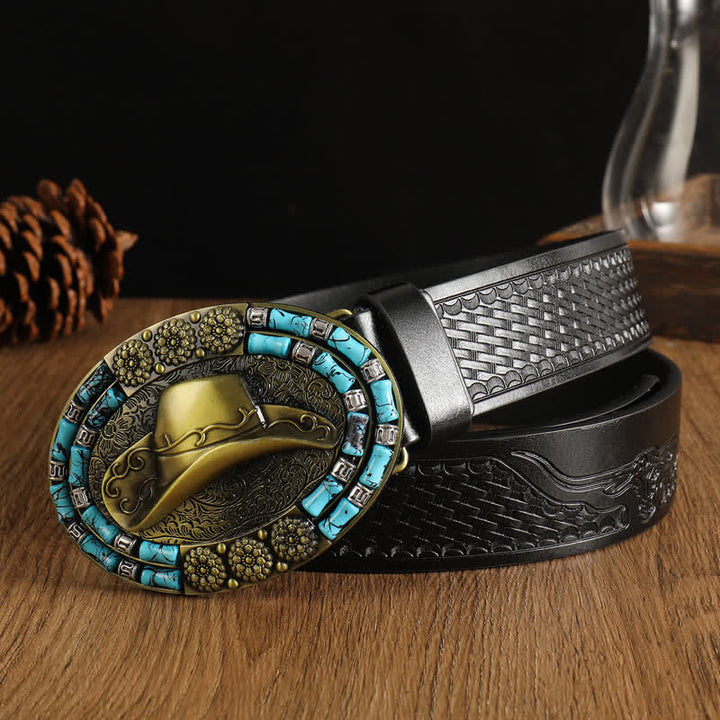 Cappello da cowboy da uomo in oro con cintura in pelle decorata con turchese