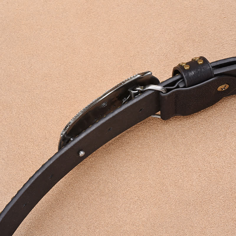 Cintura da uomo in pelle di toro con rivetti punk e corna lunghe dorate