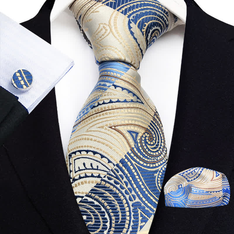 Set di 3 cravatte da uomo con motivo Paisley blu e champagne