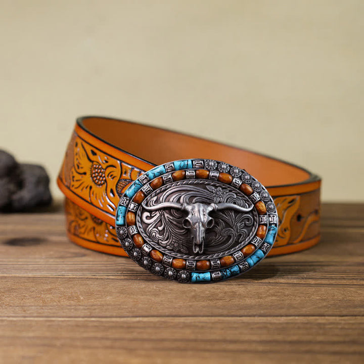 Cintura in pelle con fibbia a forma di toro con perline di legno turchese fai da te da uomo