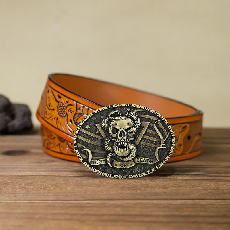 Cintura in pelle fai da te da uomo con fibbia a forma di teschio di serpente "Liberty or Death"