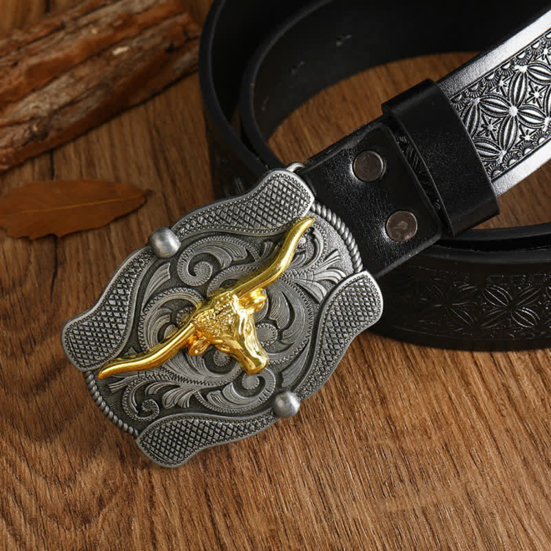 Cintura da uomo in pelle di toro Longhorn dorata quadrata