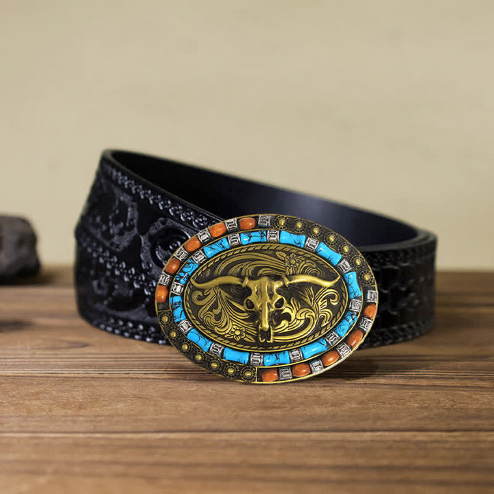 Cintura in pelle con fibbia a forma di toro con perline di legno turchese fai da te da uomo