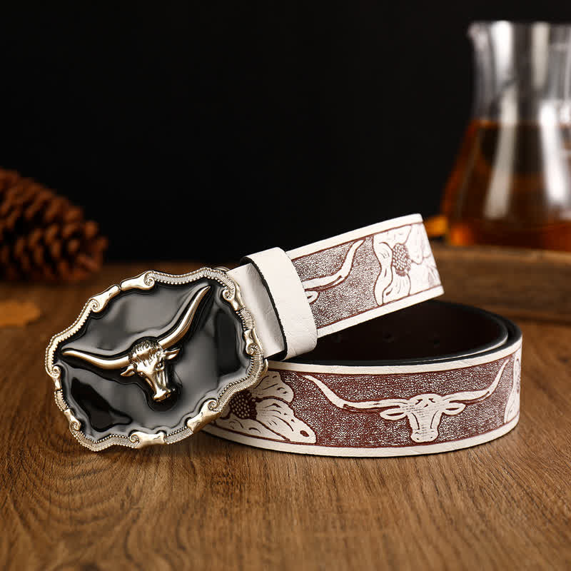 Cintura da uomo in pelle con testa di toro Longhorn Western nera