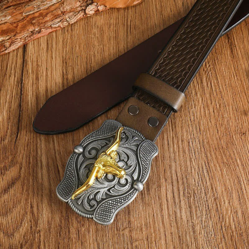 Cintura da uomo in pelle di toro Longhorn dorata quadrata