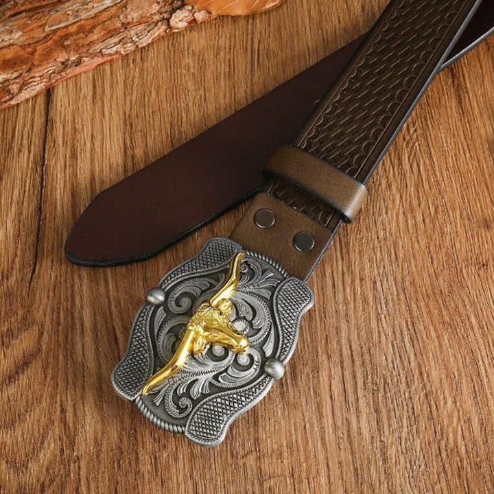 Cintura da uomo in pelle di toro Longhorn dorata quadrata